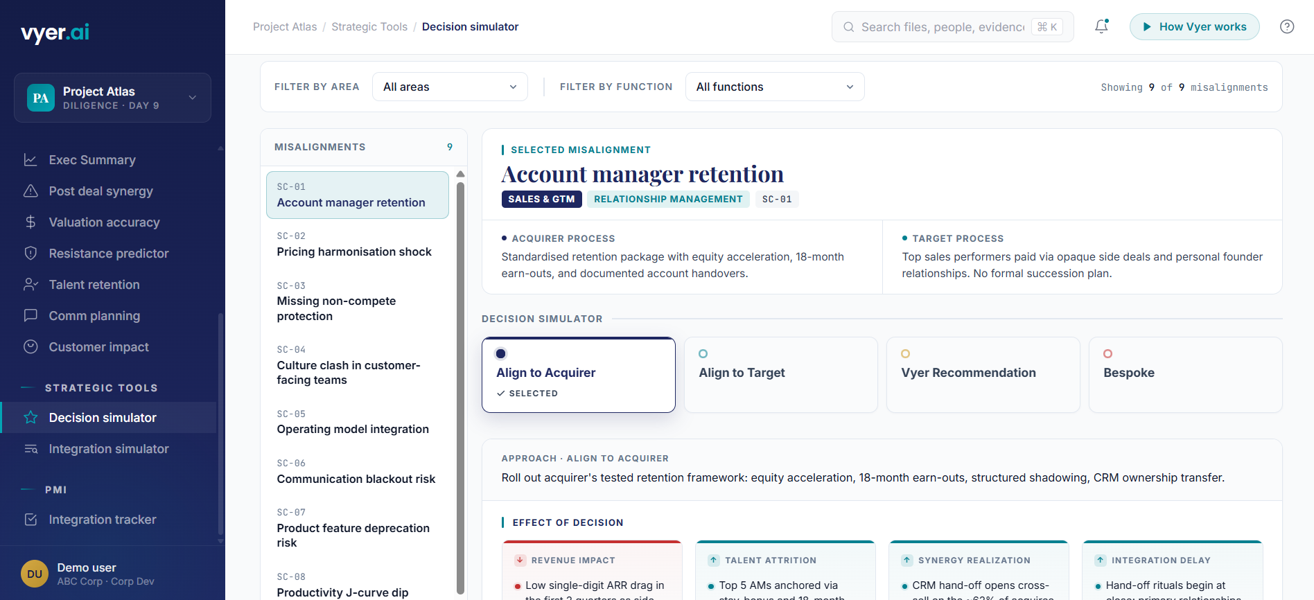 Vyer decision simulator showing Align to Acquirer, Align to Target, Vyer Recommendation, and Bespoke options with revenue, talent, synergy, and cost impact